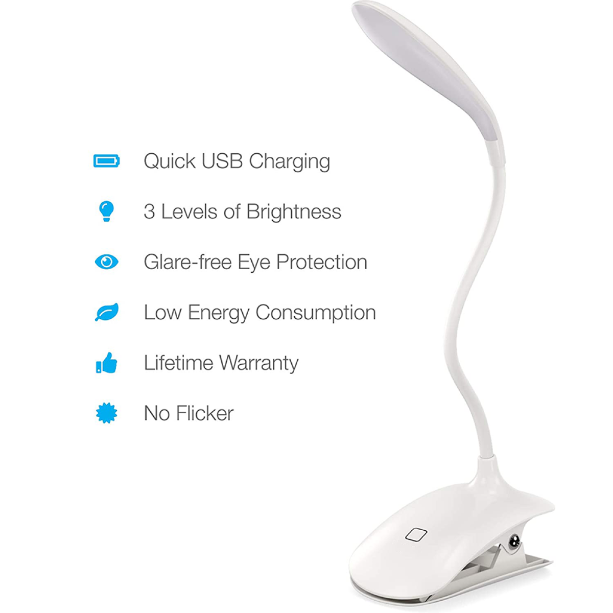 Weiße LED-Schreibtischlampe mit flexiblem Hals und Clip-Basis, mit Symbolen für Laden, Helligkeit, Augenschutz und Garantie.