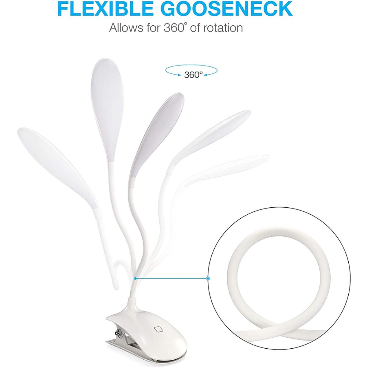 Eine weiße Schreibtischlampe mit flexiblem Schwanenhals. Die Lampe befindet sich vor weißem Hintergrund.
