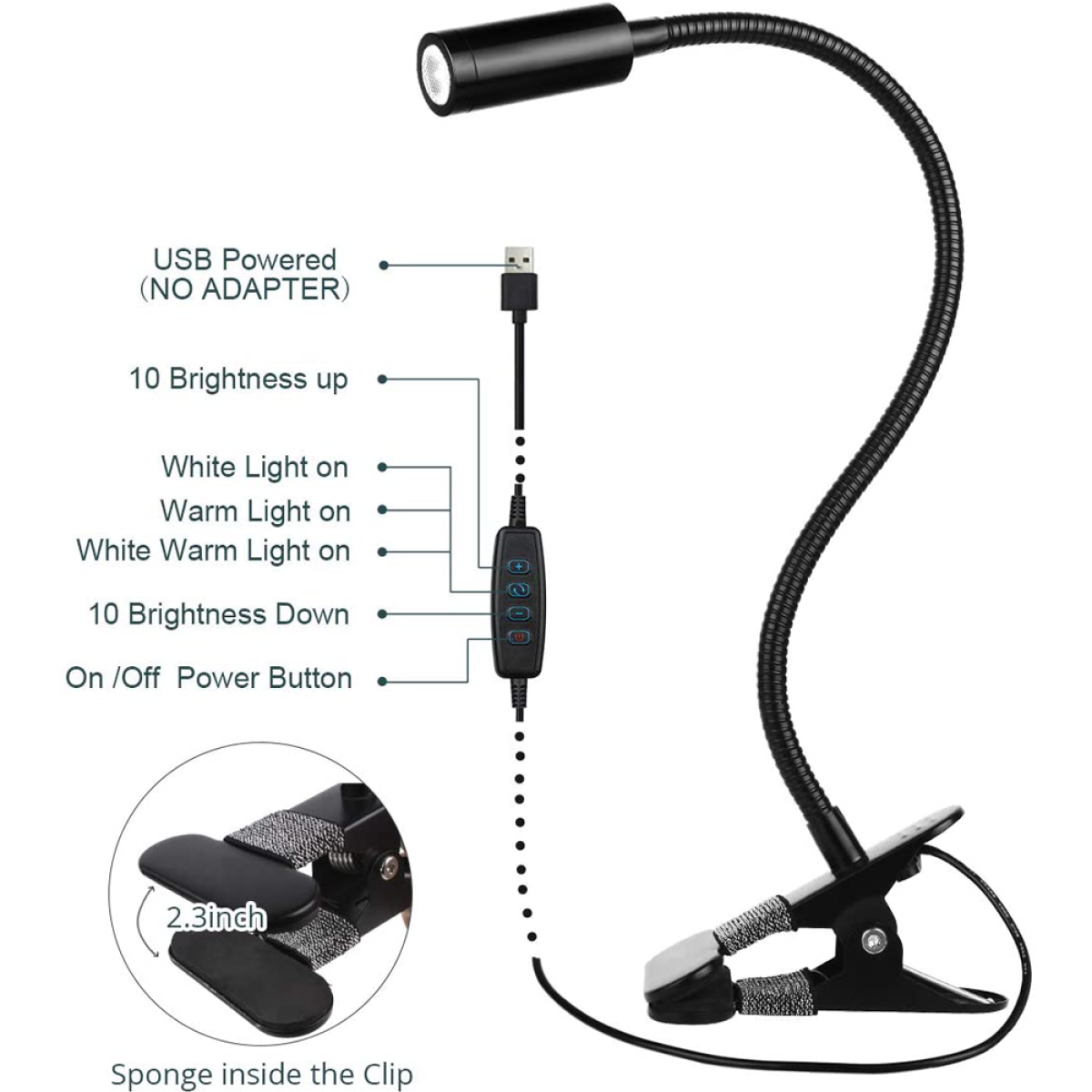Schwarze Schreibtischlampe mit flexiblem Hals, USB-betrieben, mit Clip. Weißer Hintergrund.