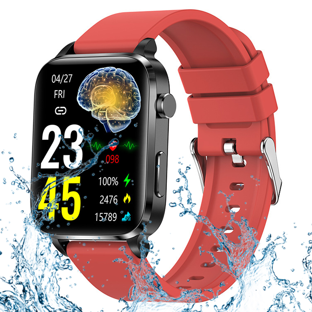 Eine Smartwatch mit rotem Armband zeigt Fitnessdaten, in Wasser getaucht, mit Spritzern drum herum.