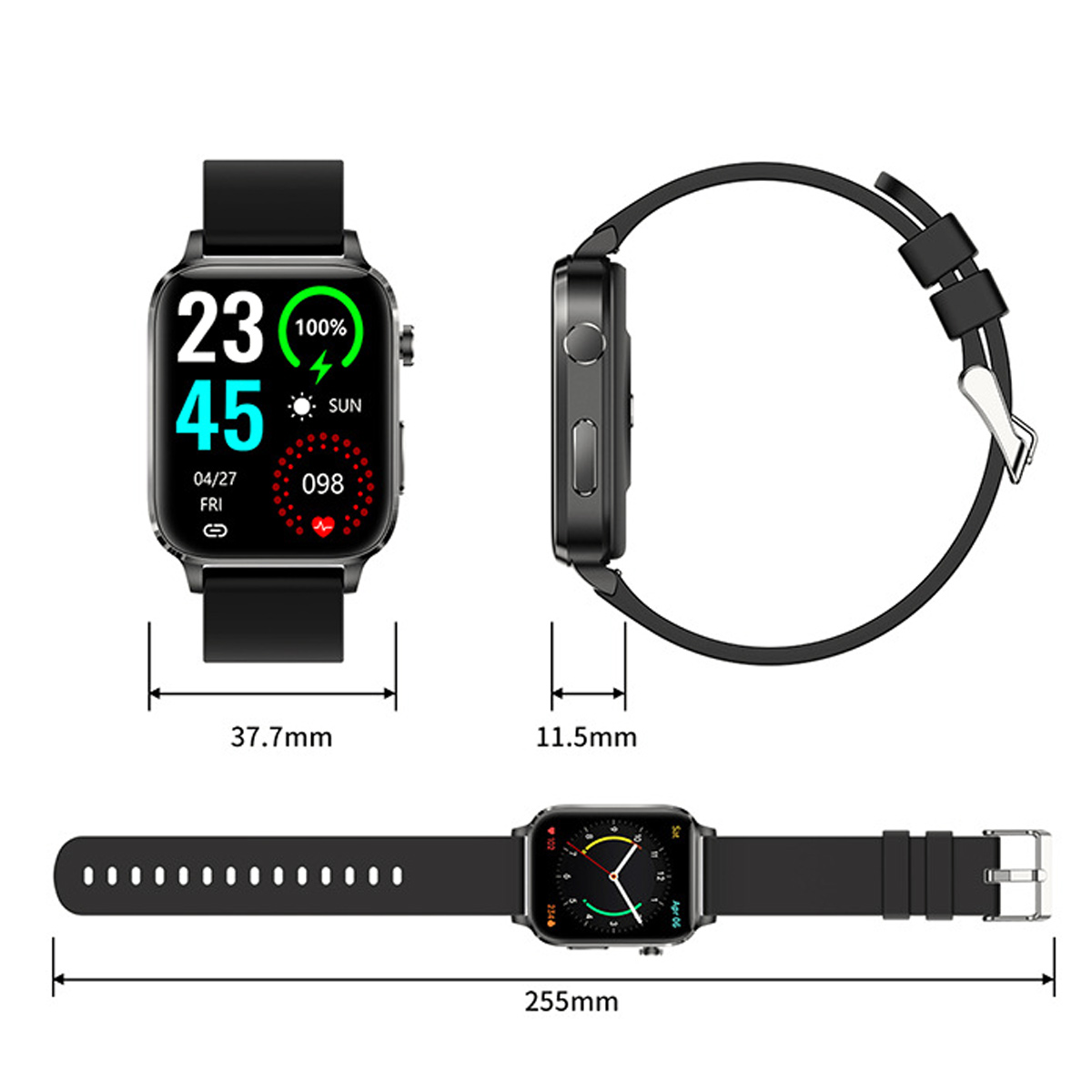 Eine schwarze Smartwatch mit rechteckigem Bildschirm. Die Uhr zeigt Zeit, Datum und Fitnessdaten an.