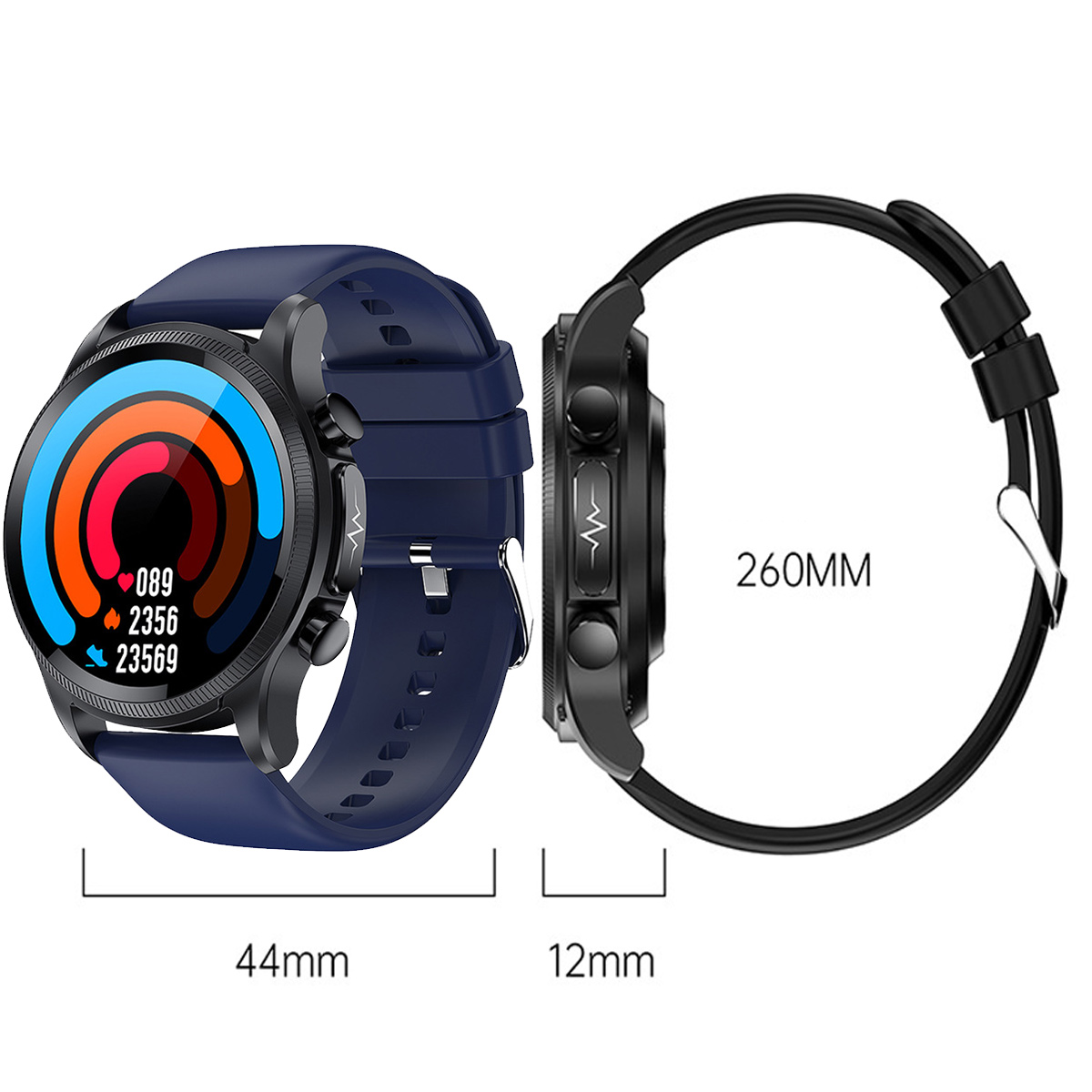 Smartwatch mit blauem Armband, Gesundheitsdaten und Seitenansicht mit Maßen.