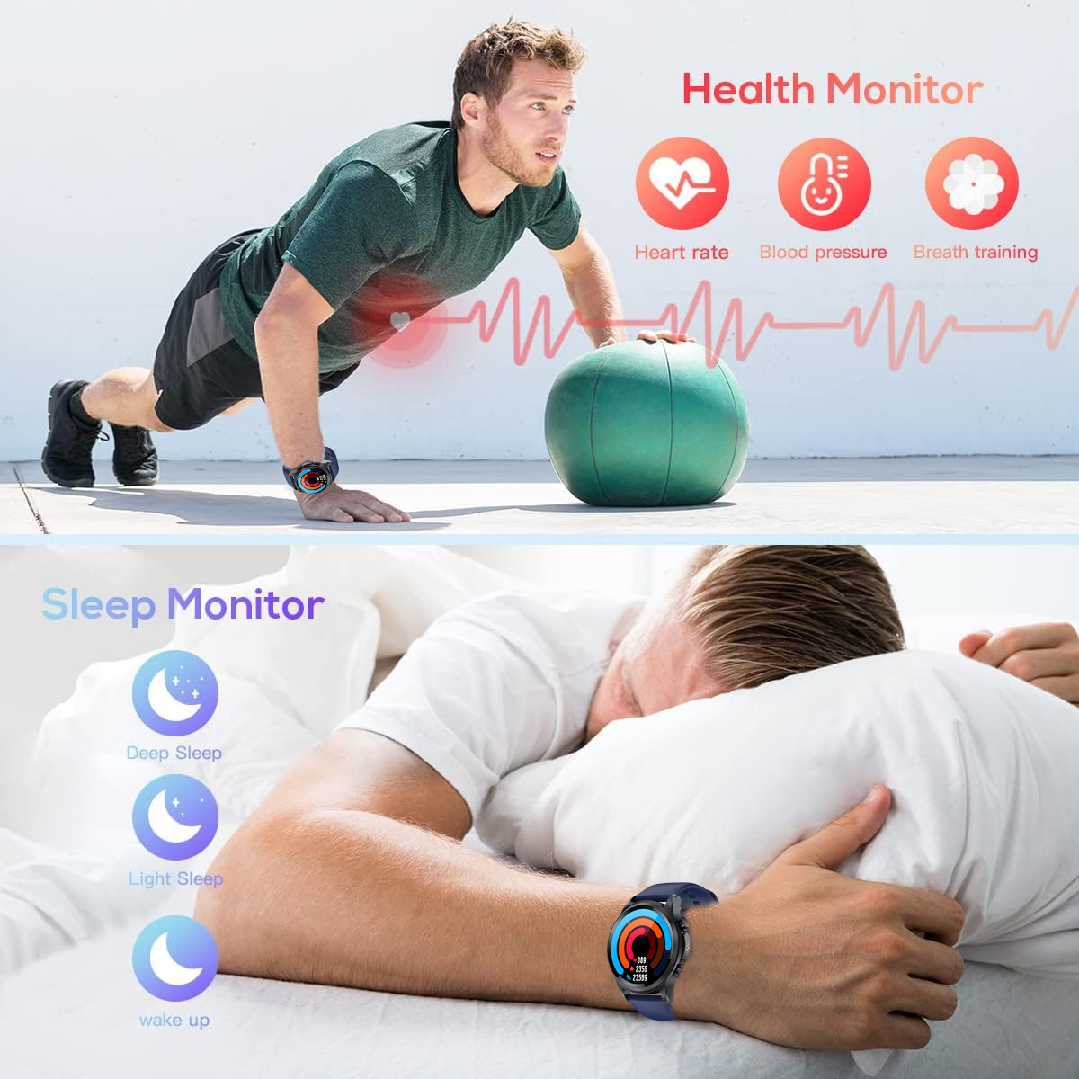 Mann beim Training und Schlafen. Tragbarer Fitnesstracker. Gesundheitsmonitor und Schlafüberwachungs-Symbole sind sichtbar.