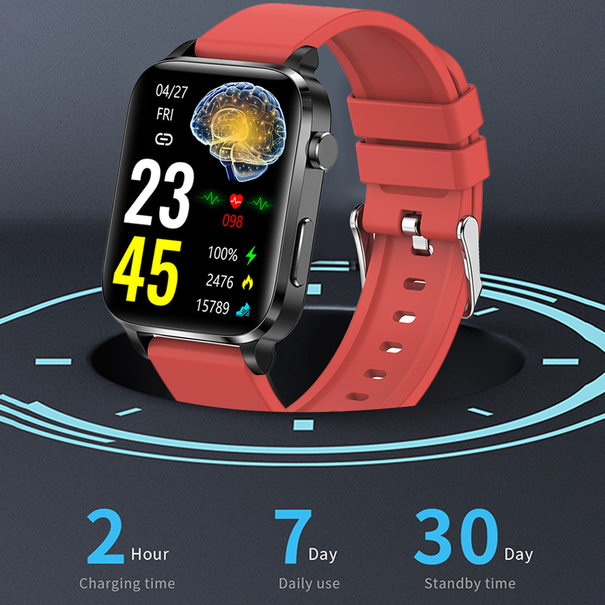 Smartwatch mit rotem Armband, zeigt Daten zu Herzfrequenz, Zeit und Akku.