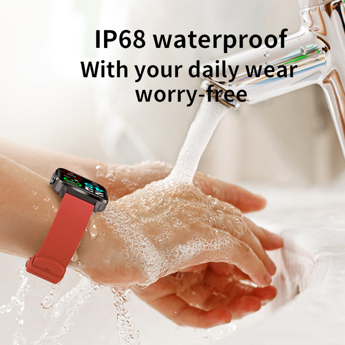 Rote Smartwatch am Handgelenk, Wasser spritzt darüber; Text lautet IP68 wasserdicht.