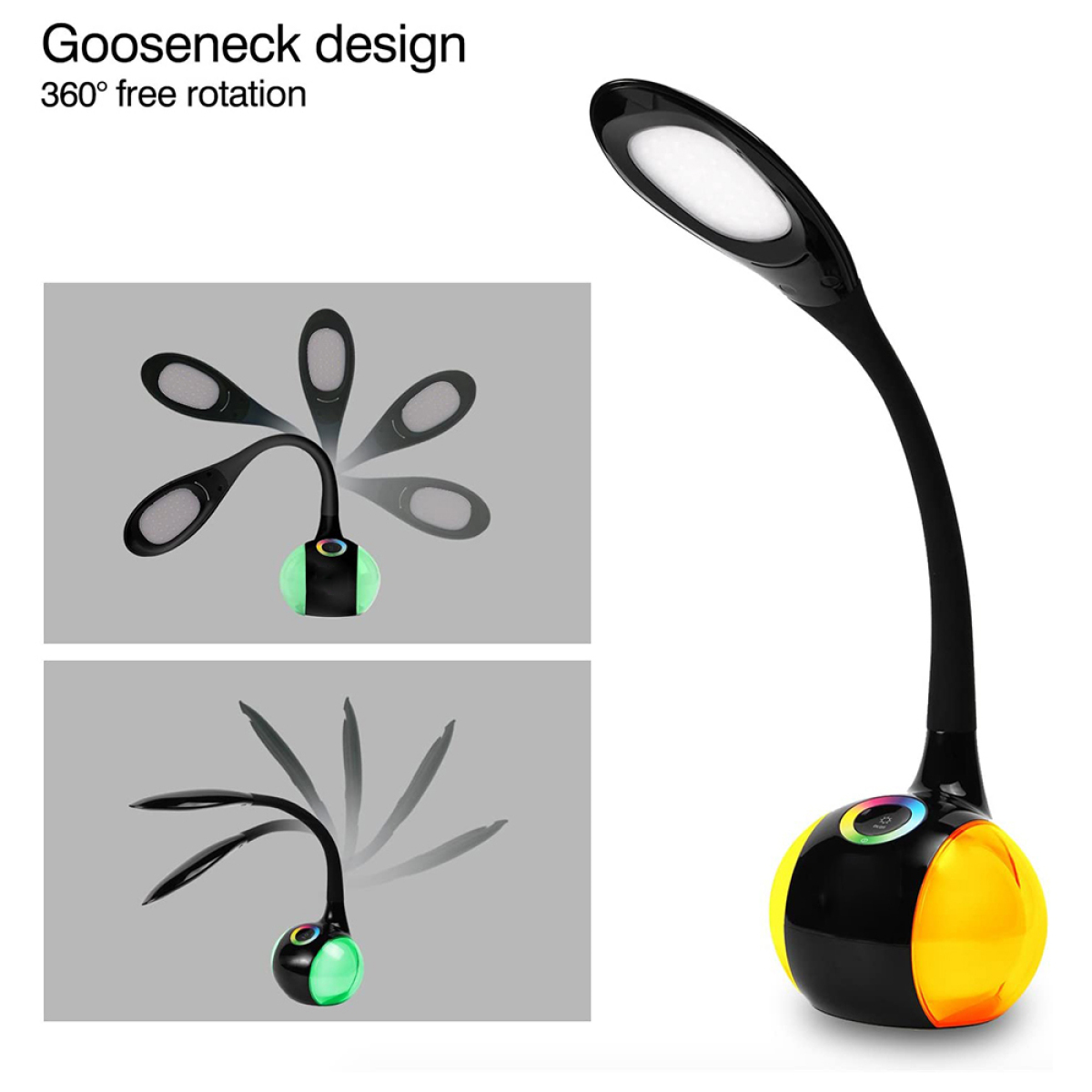 Schwarze Schreibtischlampe mit Schwanenhals-Design. Die Lampe hat einen bunten Sockel und weißes Licht.