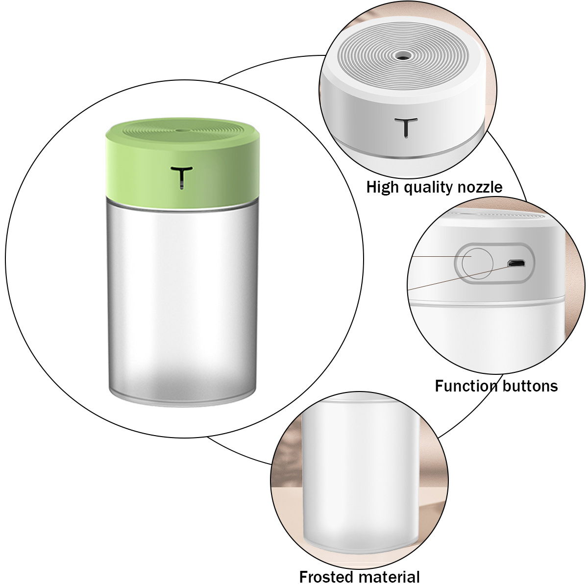 Weiß-grüner Luftbefeuchter mit T-Logo. Details zeigen Düse, Funktionstasten und mattiertes Material.