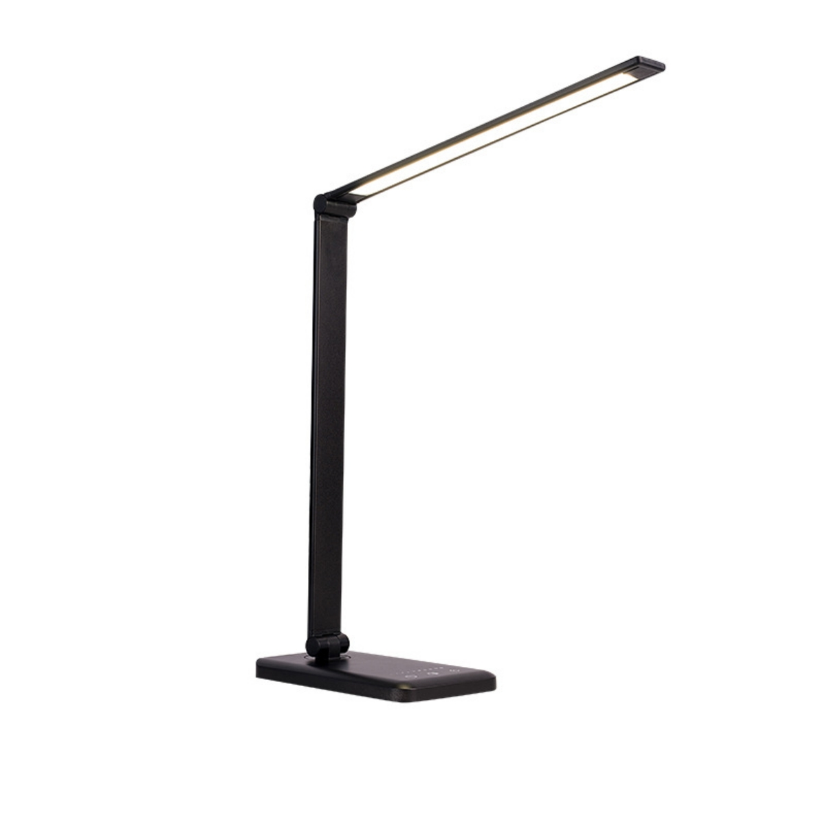 Eine schwarze Schreibtischlampe mit rechteckigem Leuchtkopf und quadratischem Sockel.