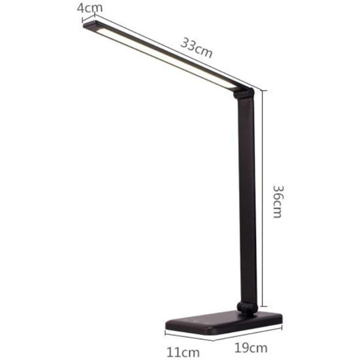 Schwarze Schreibtischlampe mit verstellbarem Arm und Sockel. Zeigt Abmessungen: 33 cm lang, 36 cm hoch und 11 cm x 19 cm Sockel.