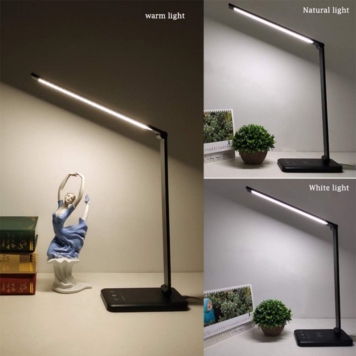 Drei Lampen zeigen warmes, natürliches und weißes Licht. Eine Figur und eine Pflanze befinden sich links.