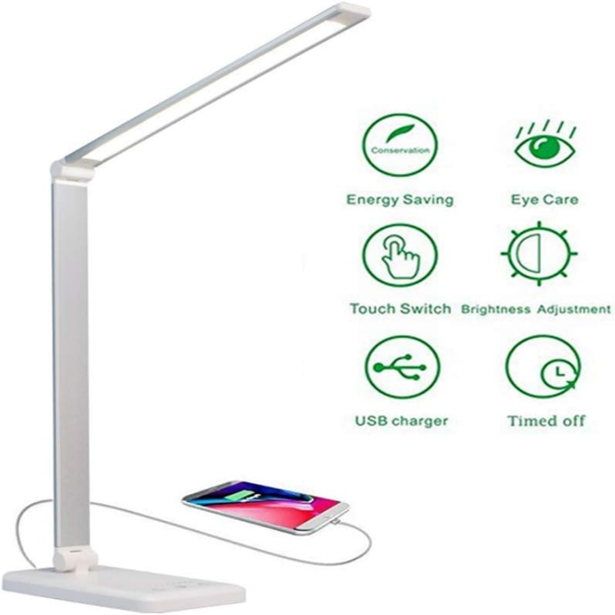 Weiße Schreibtischlampe mit hellem LED-Licht. Sie hat einen Ladeanschluss und ein Telefon ist angeschlossen.