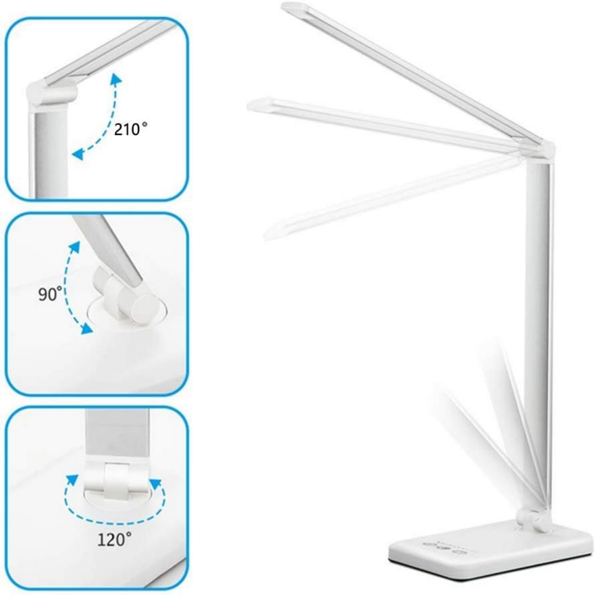 Weiße LED-Schreibtischlampe mit verstellbaren Winkeln. Schwenkt um 210, 90 und 120 Grad. Die Lampe ist eingeschaltet.
