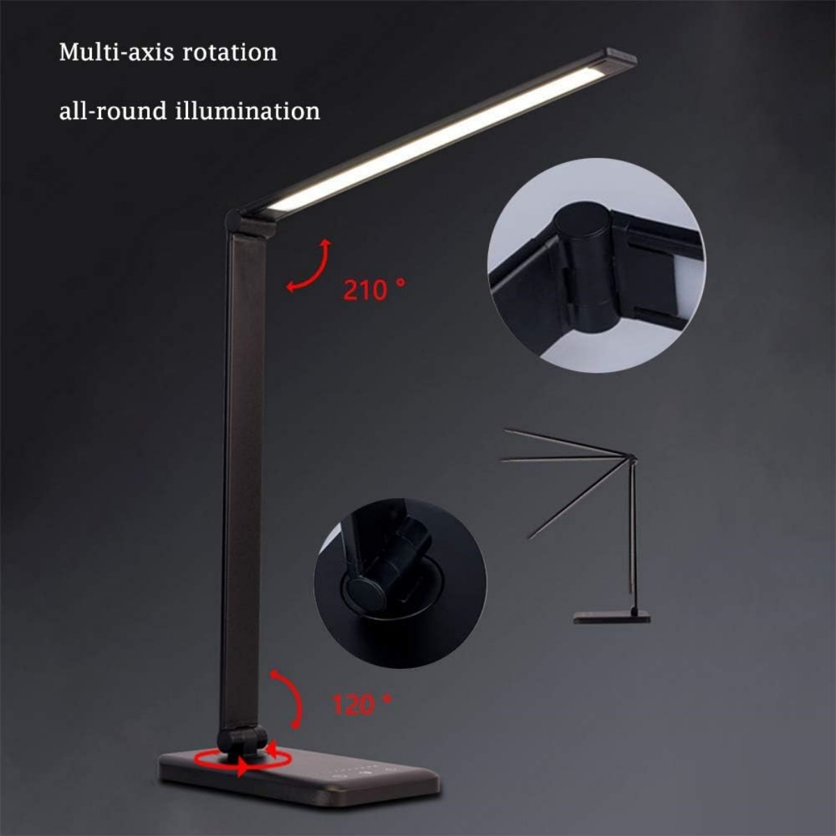Eine schwarze Schreibtischlampe mit Mehrfachachsen-Drehung und Rundumbeleuchtung.
