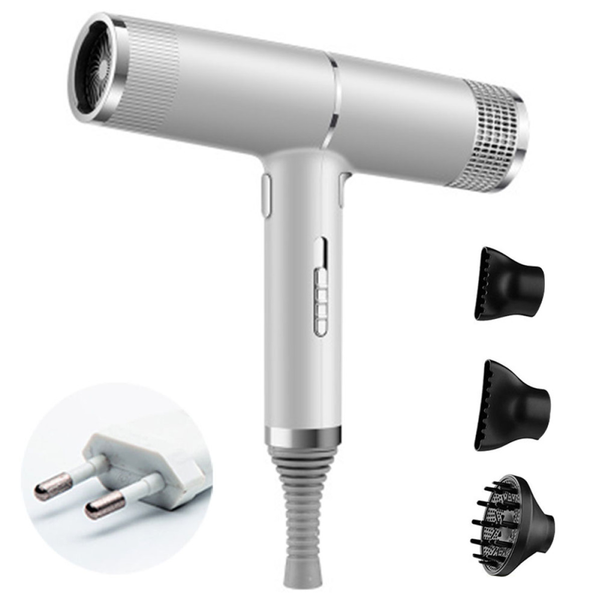 Ein silberner Haartrockner mit drei schwarzen Aufsätzen und einem Stecker. Der Trockner ist T-förmig und hat ein Metallic-Finish.