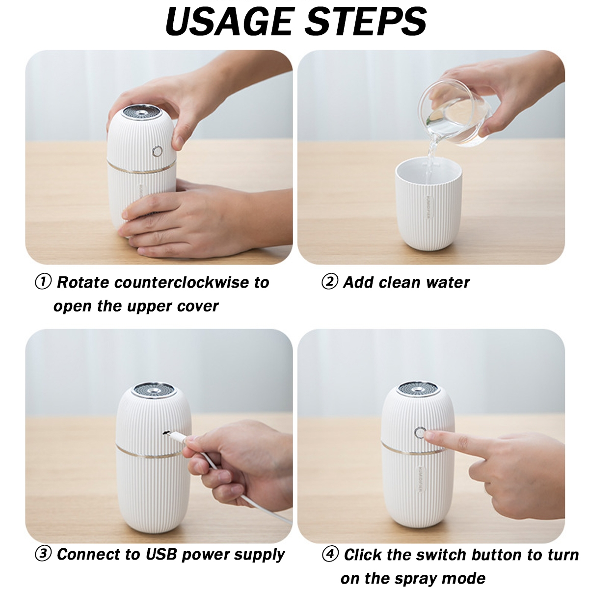 Vierstufige Anweisungen zur Verwendung eines Luftbefeuchters: Oberteil drehen, Wasser hinzufügen, USB anschließen, Sprühmodus einschalten.