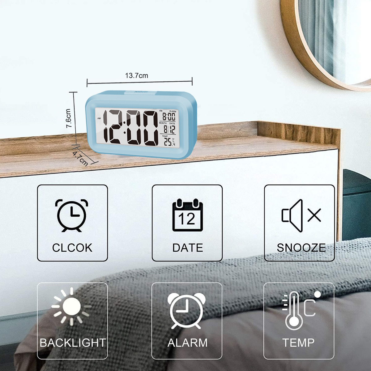 Blauer digitaler Wecker mit Anzeige von Uhrzeit, Datum und Temperatur, mit Uhr-, Datums-, Schlummer- und Alarmsymbolen.