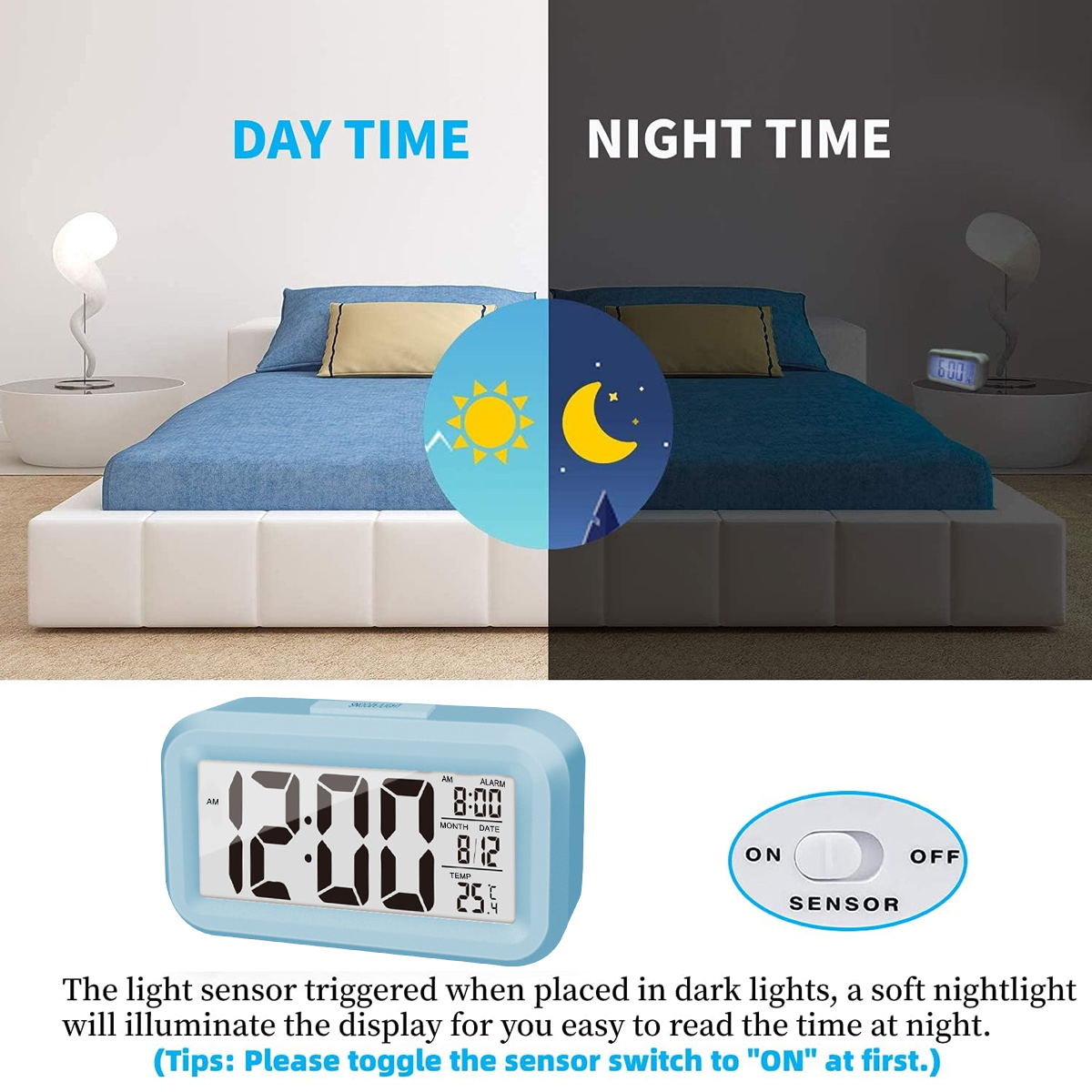 Tag-/Nachtszene. Bett, Uhr und Schalter sind abgebildet. Die Uhr zeigt Zeit und Temperatur an.