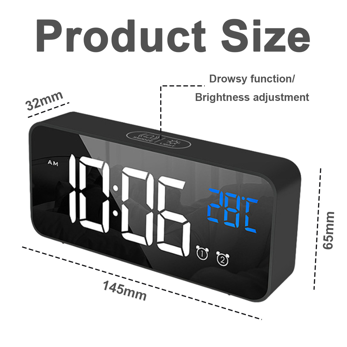 Schwarzer digitaler Wecker mit Anzeige 10:06 und 28C. Maße: 145mm x 65mm x 32mm. Inklusive Schlummerfunktion.