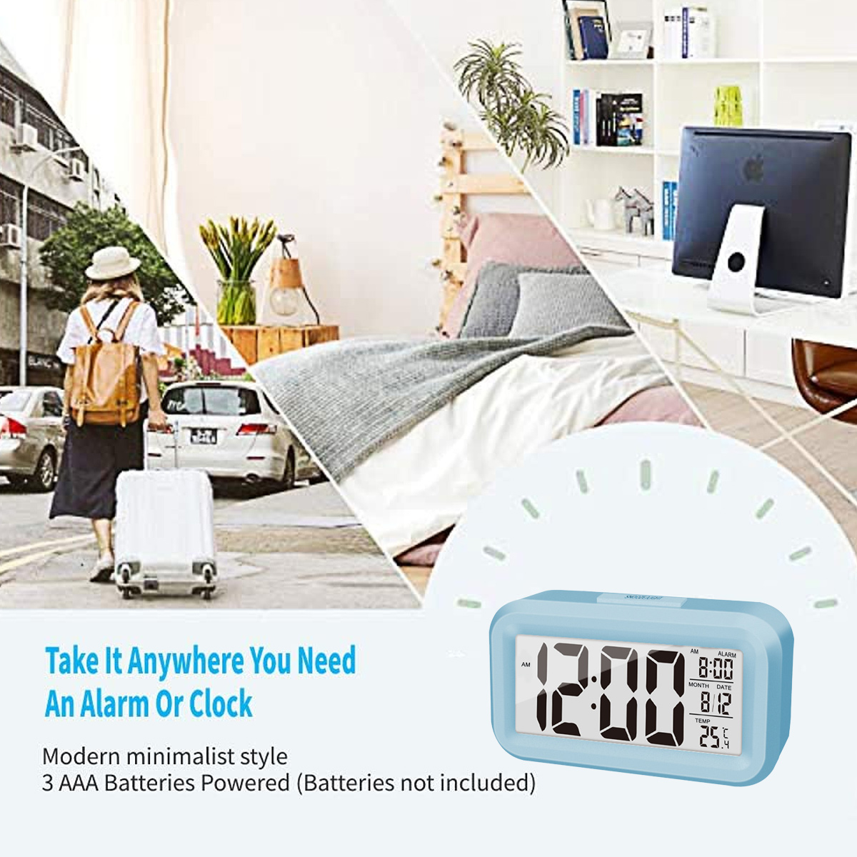 Eine Person mit einem Koffer geht eine Straße entlang. Eine Uhr befindet sich in der unteren rechten Ecke. Der Hintergrund zeigt ein Schlafzimmer.