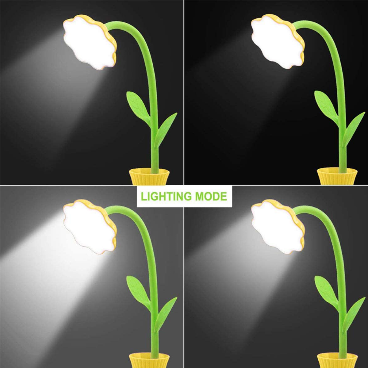 Vier Bilder einer blütenförmigen Lampe, die Licht aussendet und verschiedene Beleuchtungsmodi zeigt.