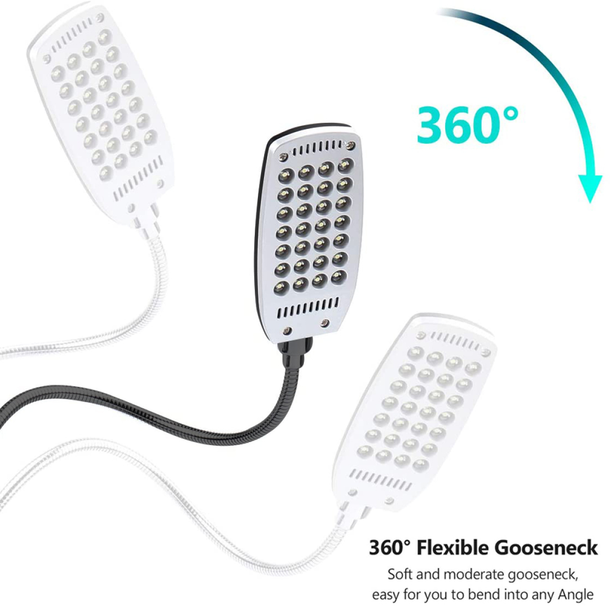 Flexible LED-Lampe, mit drei Positionen. Text: 360° Flexibler Schwanenhals. Weicher und moderater Schwanenhals.