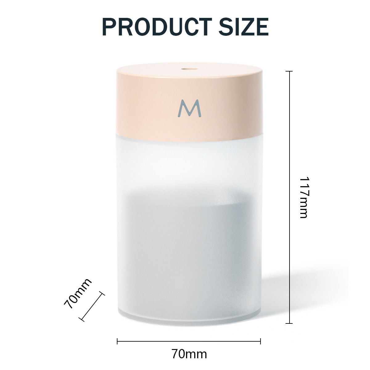 Ein zylindrisches Produkt mit den angegebenen Abmessungen: 70 mm, 70 mm, 117 mm. Weißer Hintergrund.