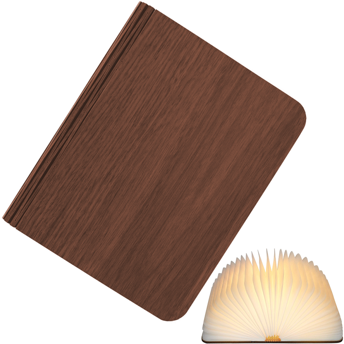Eine geschlossene, holzförmige Lampe in Buchform. Das Buch hat einen braunen Einband. Die Seiten sind sichtbar.