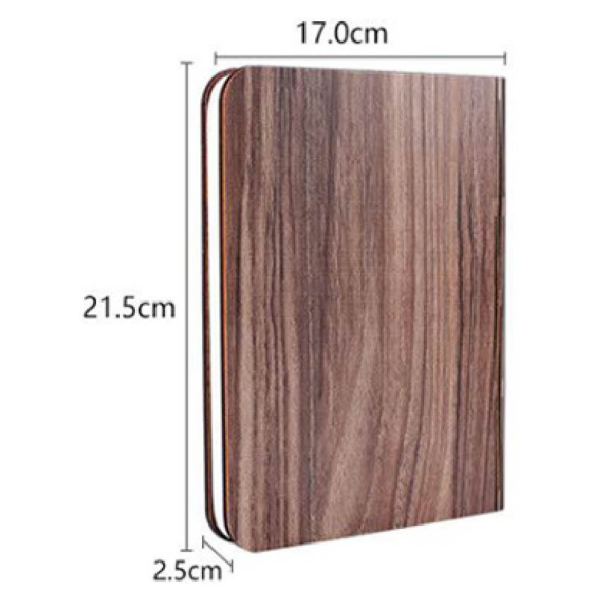 Eine holzfarbene, buchförmige LED-Lampe mit den Maßen: 21,5 cm Höhe, 17 cm Breite, 2,5 cm Dicke.