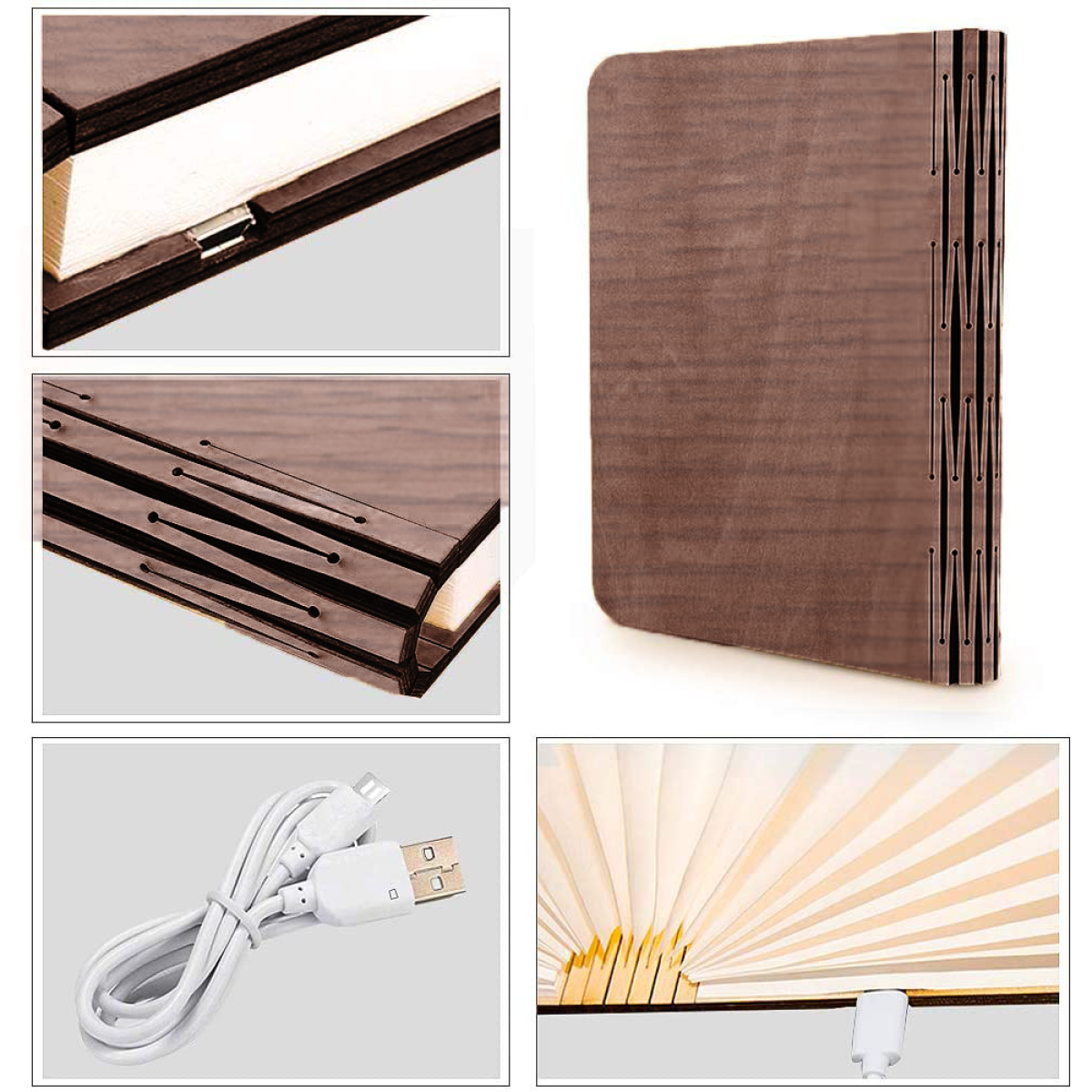 Holzbuch mit Details offener Seiten, einem USB-Anschluss und einem Ladekabel. Es gibt mehrere Ansichten.