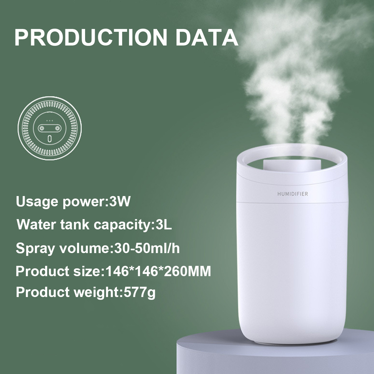 Weißer Luftbefeuchter mit Infotafel, die Stromverbrauch, Wassertankinhalt, Sprühvolumen und Produktgröße anzeigt.