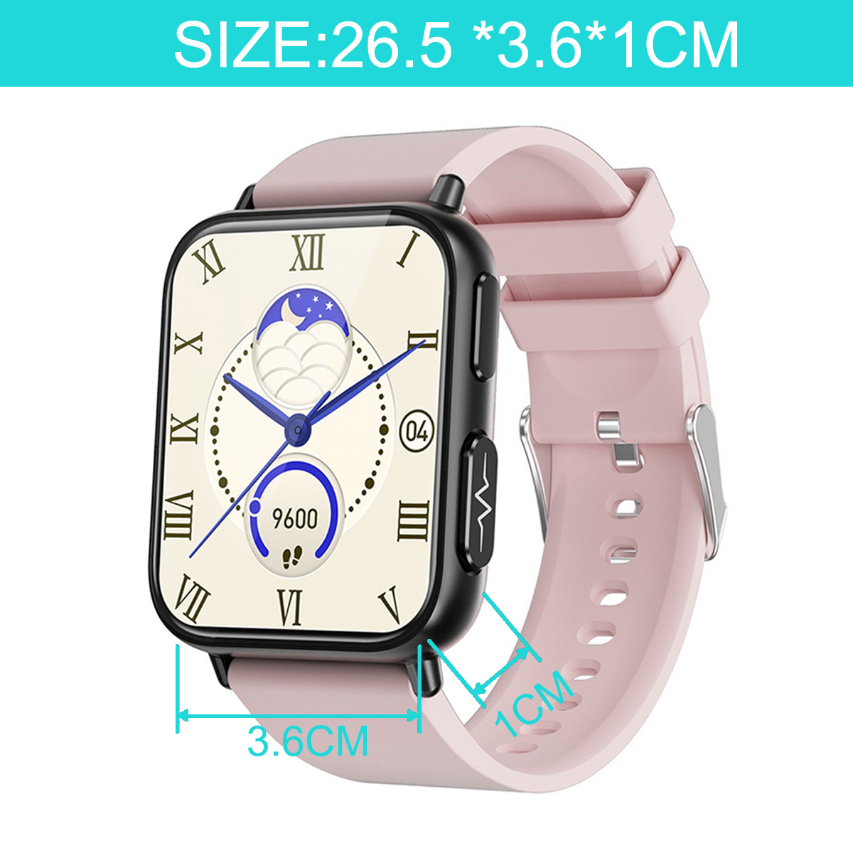Smartwatch mit rosa Armband. Schwarzer Bildschirm mit Zahlen und Symbolen. Text: 26,5*3,6*1CM