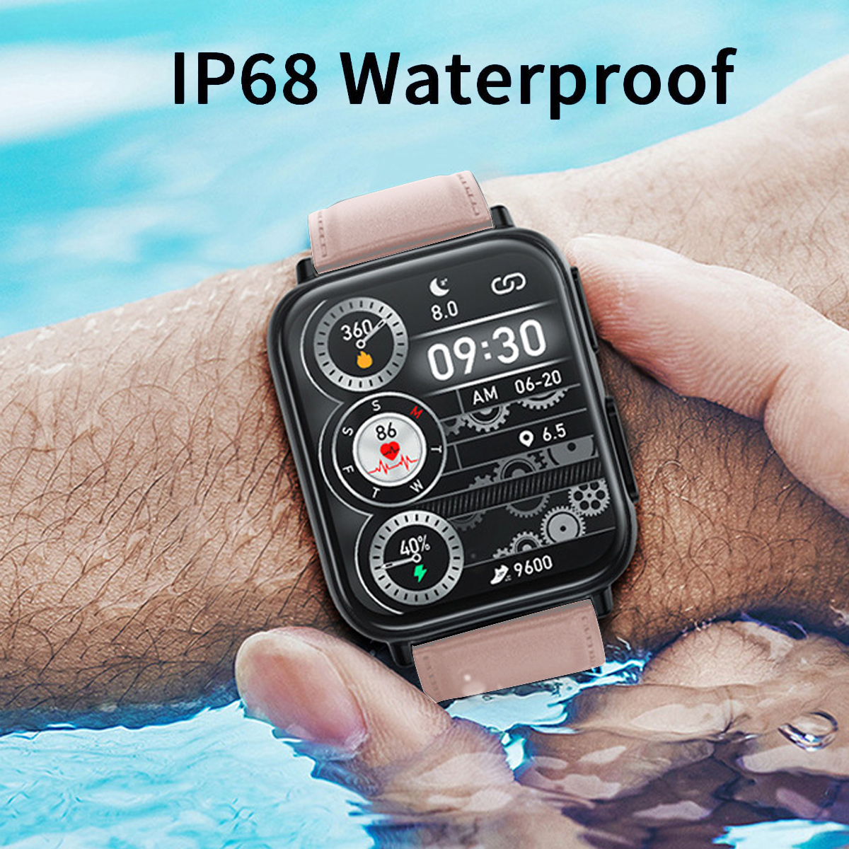 Smartwatch am Handgelenk im Wasser. Anzeige zeigt Zeit, Herzfrequenz und andere Gesundheitsdaten.