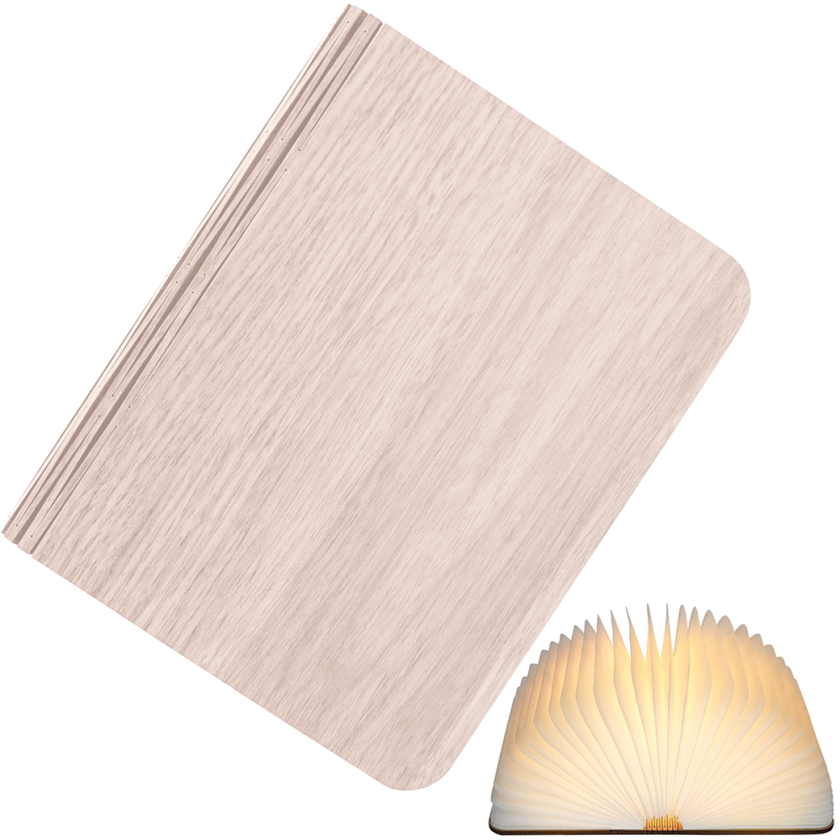 Eine holzartige Buchlampe geschlossen und eine offene buchförmige Lampe, die Licht aussendet. Weißer Hintergrund.