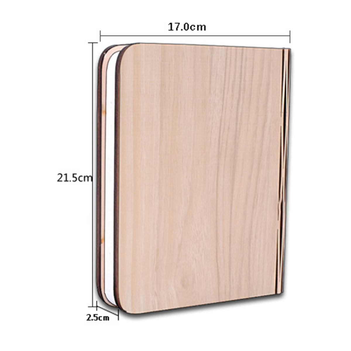 Holzbuchförmige Lampe. Maße: 21,5 cm Höhe, 17 cm Breite und 2,5 cm Tiefe.