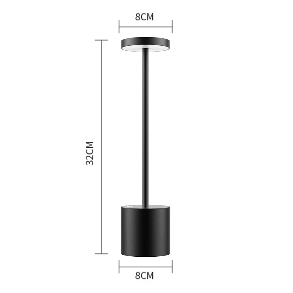 Eine schwarze, moderne Lampe mit dünnem Stiel, rundem Kopf und zylindrischem Fuß mit Maßen.