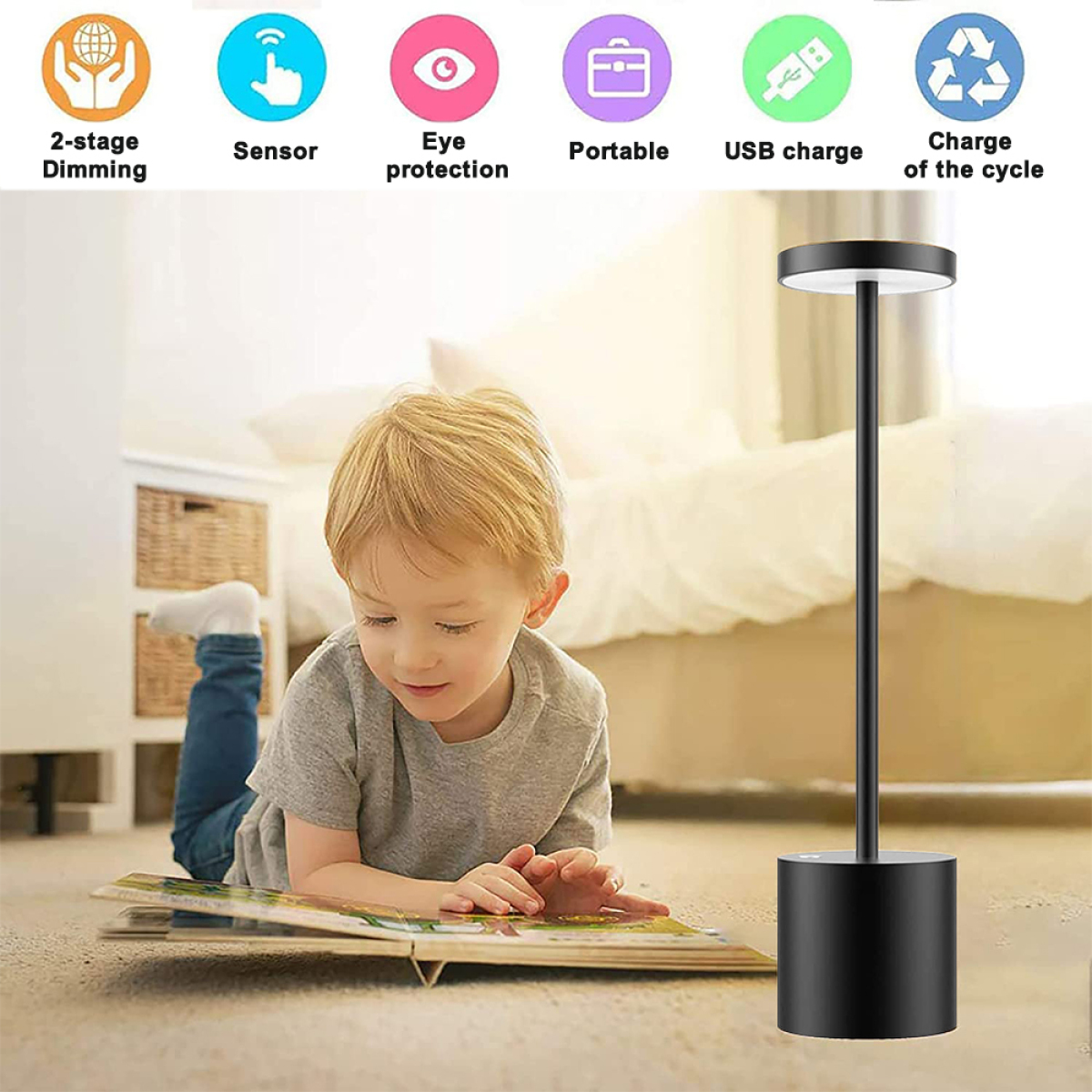 Ein Kind liest ein Buch in der Nähe einer schwarzen Lampe mit zylindrischem Sockel. Symbole werden über dem Kind angezeigt.