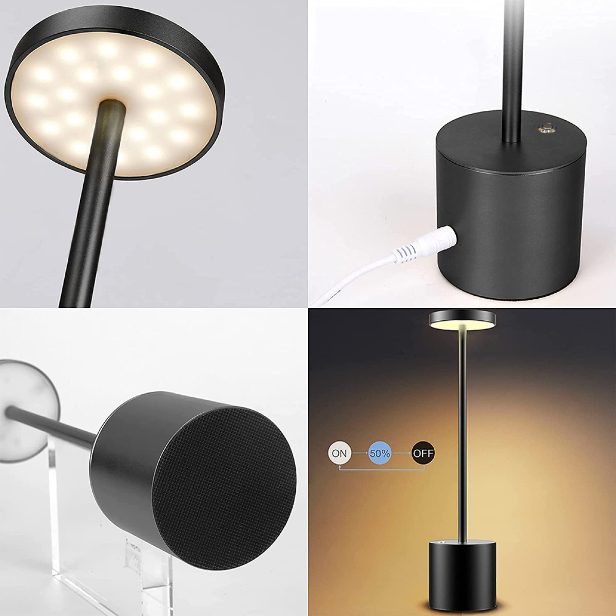 Schwarze Tischlampe mit LED-Leuchten, zylindrischem Sockel und Ladeanschluss. Mehrere Ansichten, einschließlich Ein und Aus.