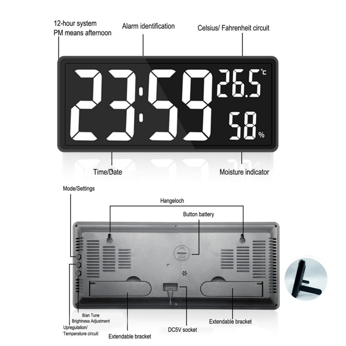 Eine Digitaluhr mit Anzeige von Uhrzeit, Datum, Temperatur und Luftfeuchtigkeit, mit Rück- und Seitenansicht.