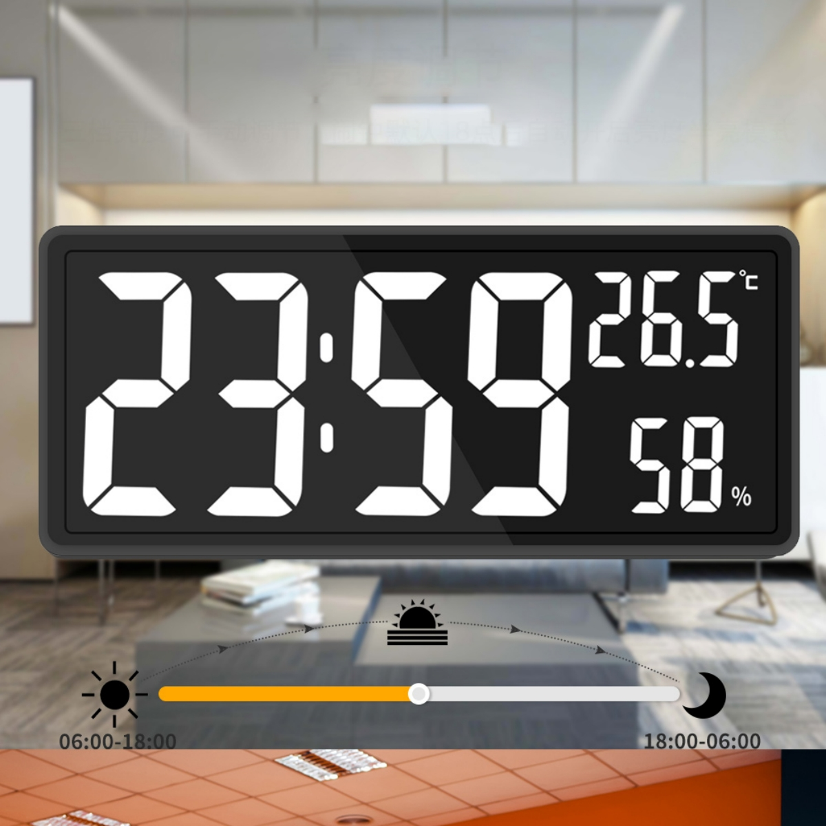 Schwarze Digitaluhr mit 23:59, Temperatur und Luftfeuchtigkeit. Helligkeit ist einstellbar.