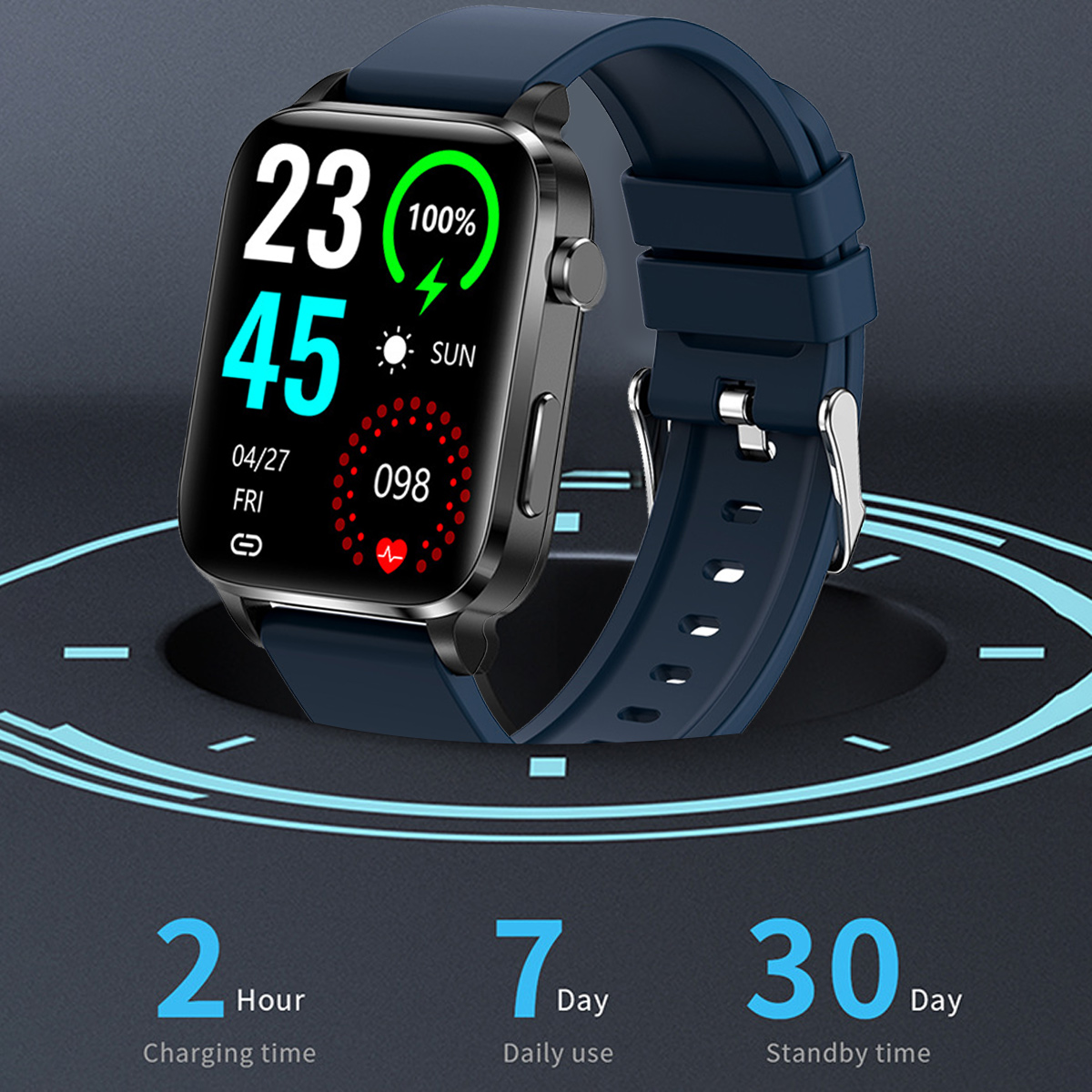 Smartwatch mit Zeit, Akku und Herzfrequenz. Blaues Armband, Ladestation und dunkler Hintergrund.