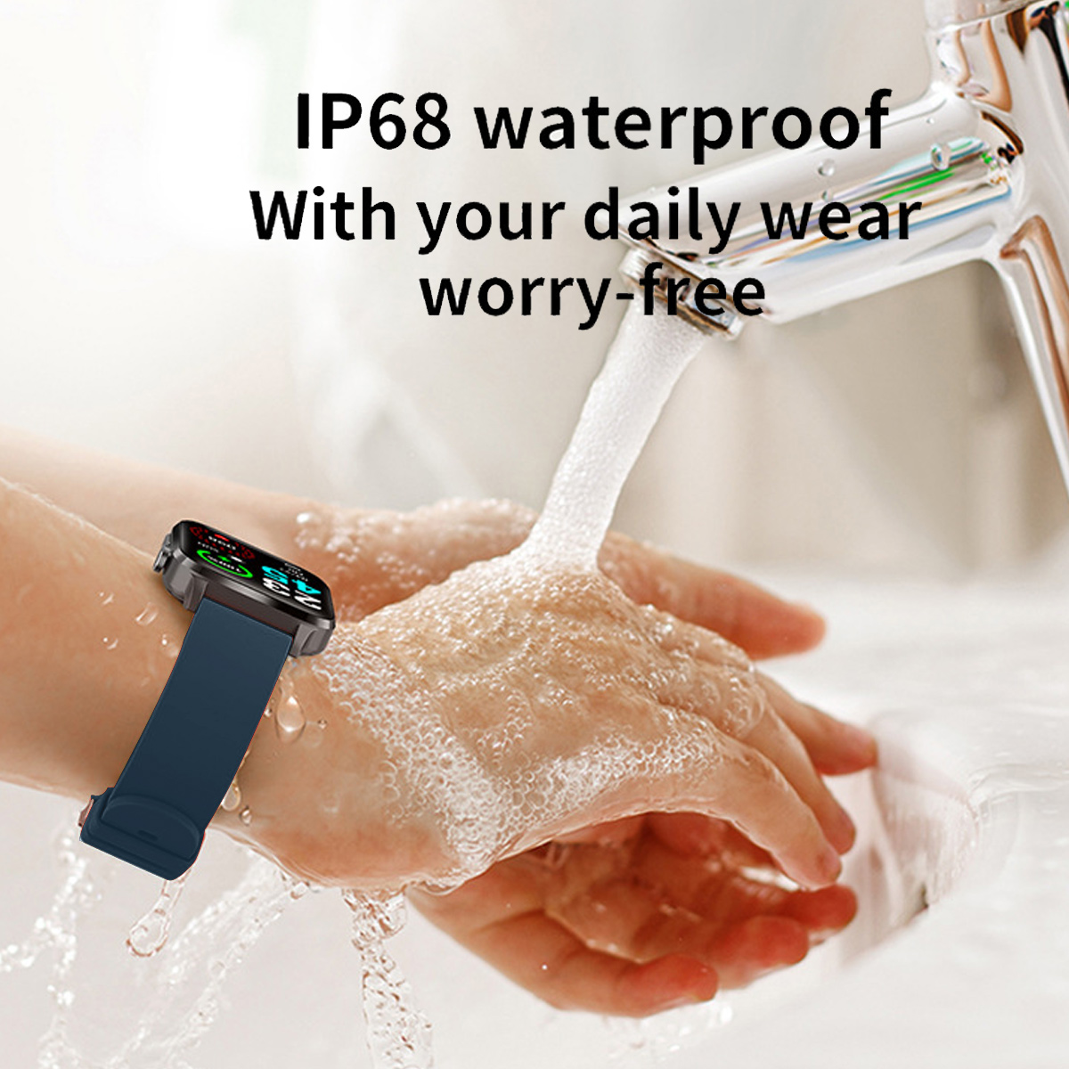 Eine Smartwatch am Handgelenk im Wasser. Text: IP68 wasserdicht. Das Handgelenk ist im Wasser, mit Tropfen.