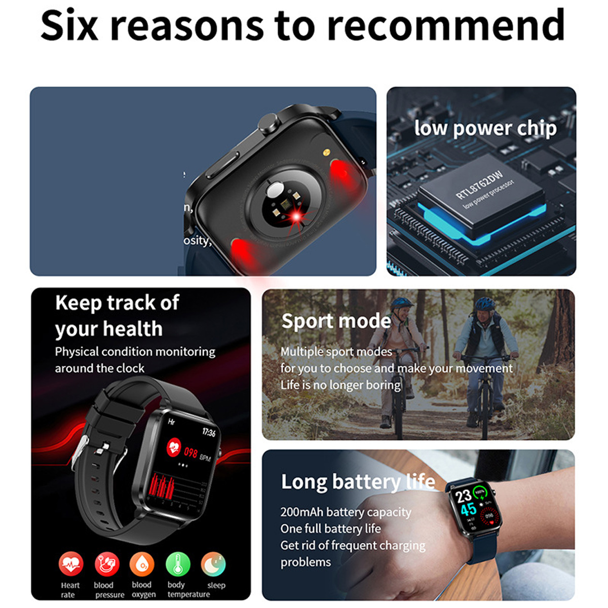 Smartwatch mit Gesundheitsdaten und Infografiken in verschiedenen Farben.