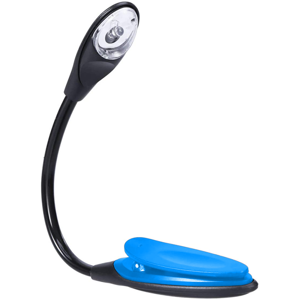 Schwarze Leselampe mit flexiblem Hals und blauem Clip. Weißer Hintergrund.