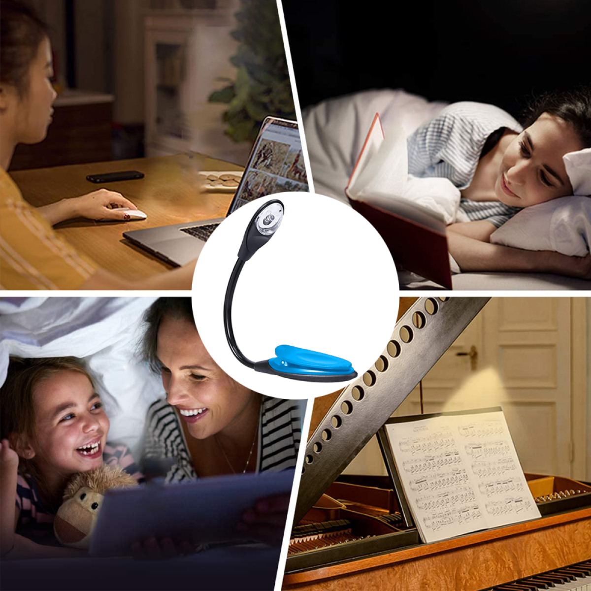 Vier Bilder, die ein Leselicht in Verwendung zeigen: im Bett lesen, am Laptop arbeiten, mit Kind lesen, und Klaviermusik.