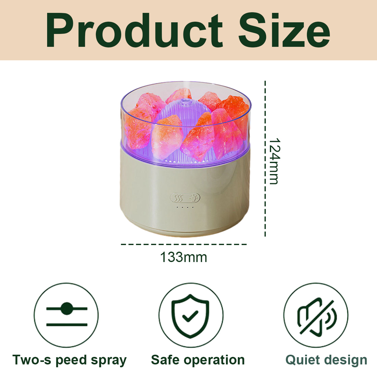 Himalaya-Salzlampe mit Abmessungen. 133 mm x 124 mm. Zwei-Gang-Sprüh-, sichere Bedienungs- und leise Design-Symbole.