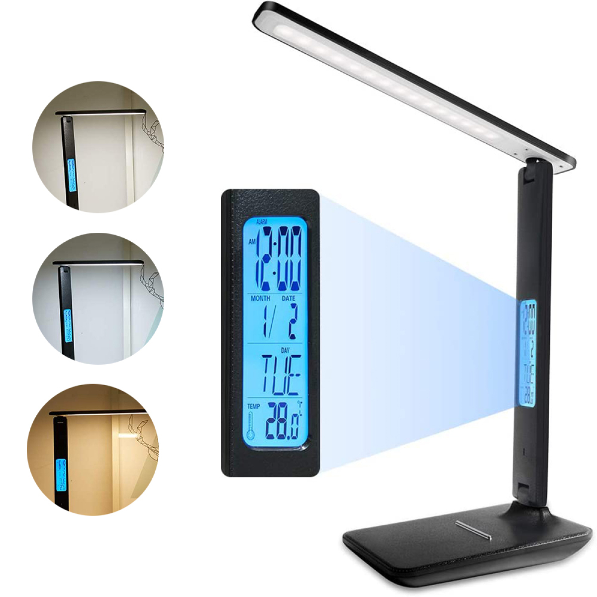 Schwarze Schreibtischlampe mit Digitalanzeige für Uhrzeit und Datum. Drei kleinere Bilder links. Weißer Hintergrund.