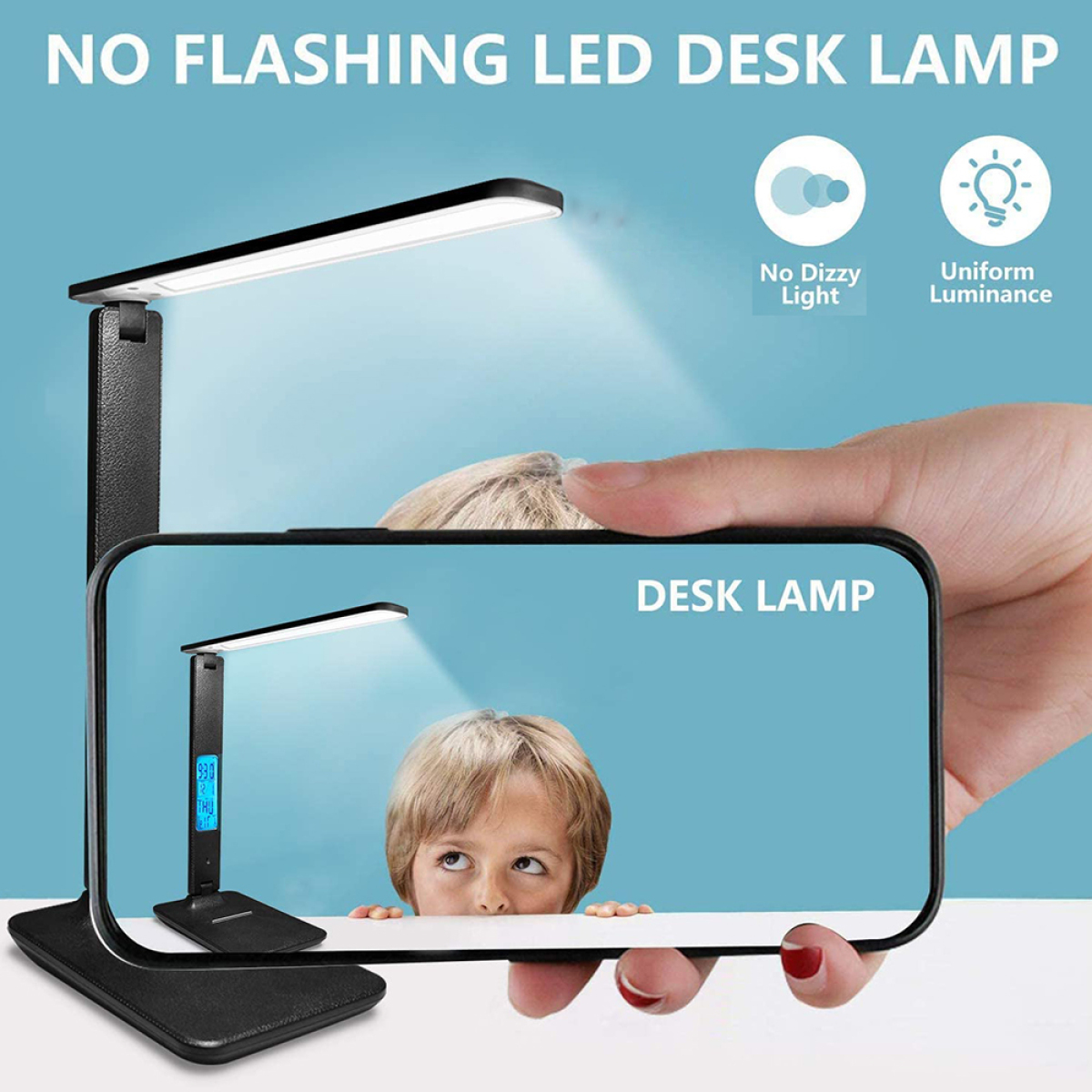 Eine schwarze Schreibtischlampe, mit einem Kind, das nach oben schaut, und einem Telefon, das die Lampe auf dem Bildschirm anzeigt.