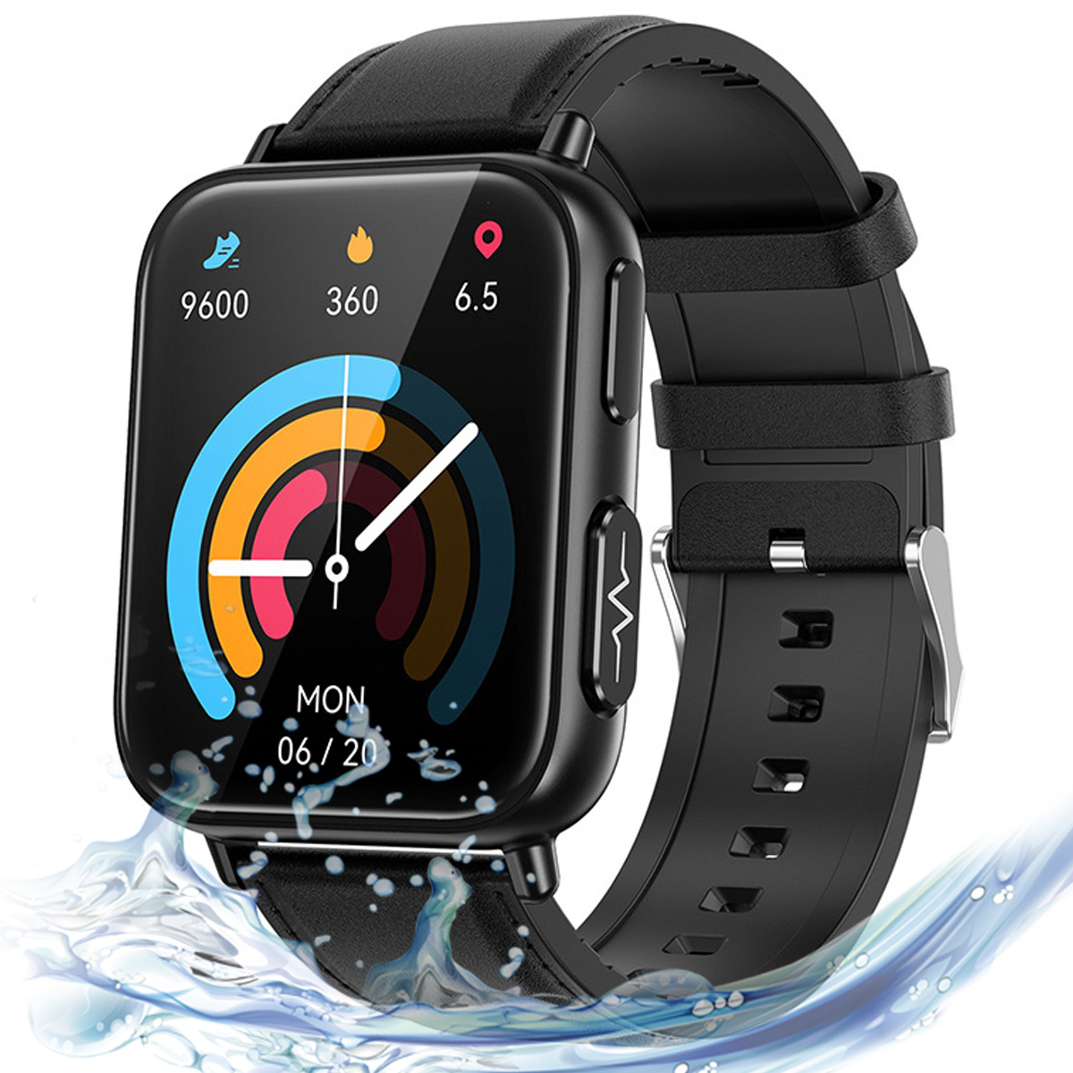Smartwatch mit schwarzem Armband, zeigt Daten wie Herzfrequenz und Zeit, mit Wassertropfen.