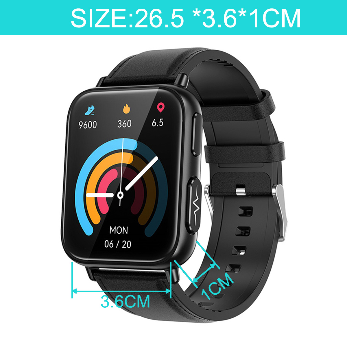 Schwarze Smartwatch mit quadratischem Bildschirm, der Daten anzeigt, mit Abmessungen und Text.