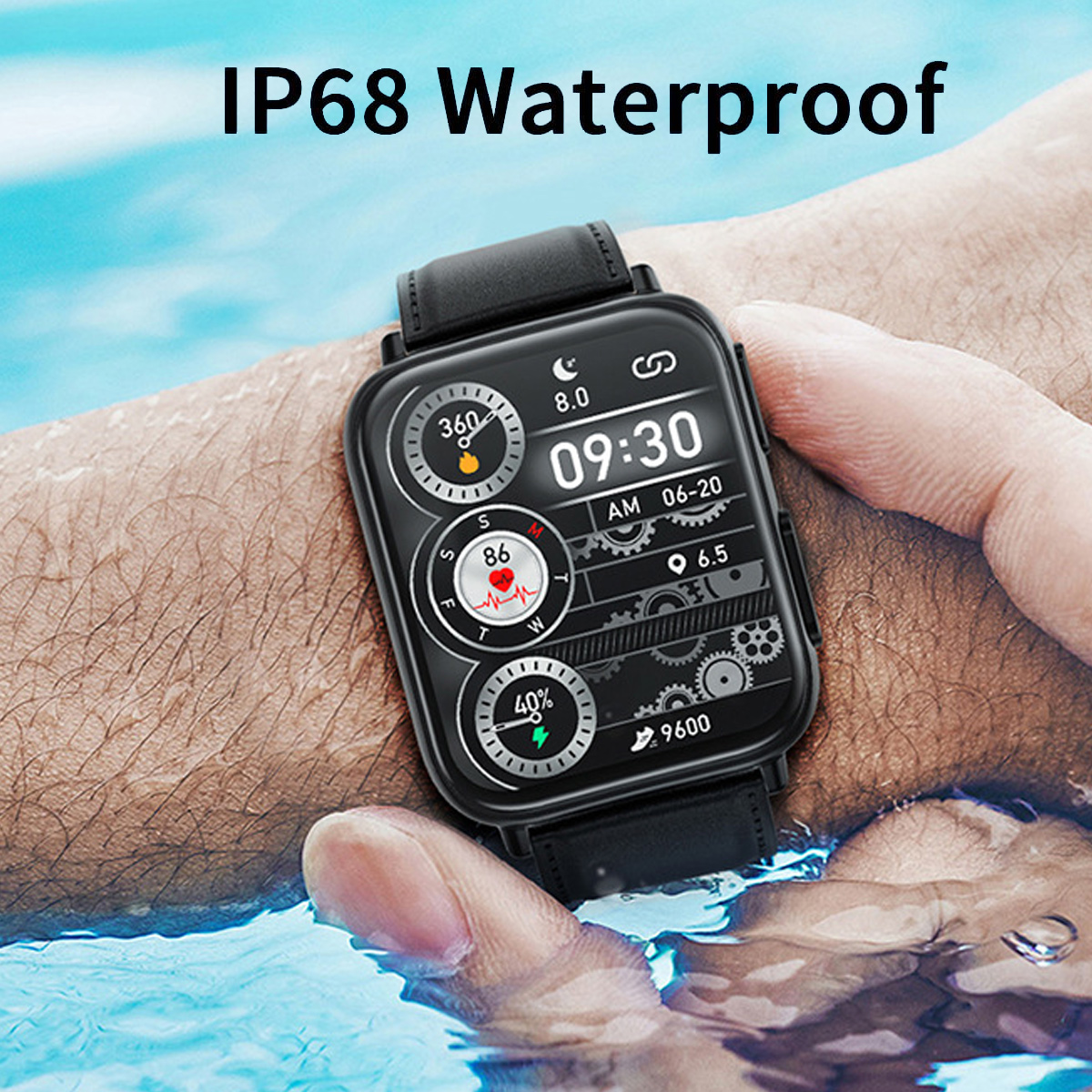 Eine schwarze Smartwatch am Handgelenk im Wasser zeigt Zeit, Herzfrequenz und andere Daten.